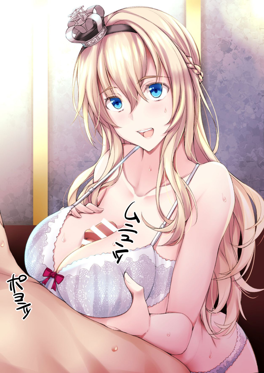 1boy bangs bar_censor blue_eyes blush bra braid breast_squeeze breasts censored clothed_female_nude_male commentary_request crown eyebrows_visible_through_hair female french_braid hair_between_eyes highres kantai_collection kuurunaitsu large_breasts long_hair mini_crown nude open_mouth paizuri panties penis straight underwear warspite_(kantai_collection) white_bra white_panties