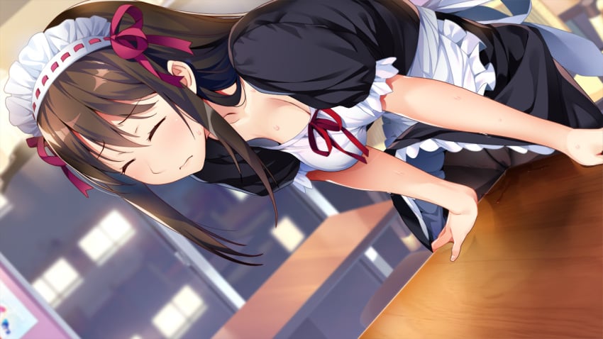 apron bangs black_legwear black_shirt black_skirt blurry blurry_background blush breasts brown_hair cleavage closed_eyes closed_mouth clothes_lift crotch_rub dutch_angle eyebrows_visible_through_hair female game_cg hair_between_eyes hair_ribbon indoors ino_(magloid) kagamihara_alice long_hair maid maid_headdress masturbation masturbation_through_clothing medium_breasts miniskirt momoiro_closet official_art pantyhose pussy_juice red_ribbon ribbon shiny shiny_hair shirt short_sleeves skirt skirt_lift solo sweatdrop table_humping waist_apron white_apron