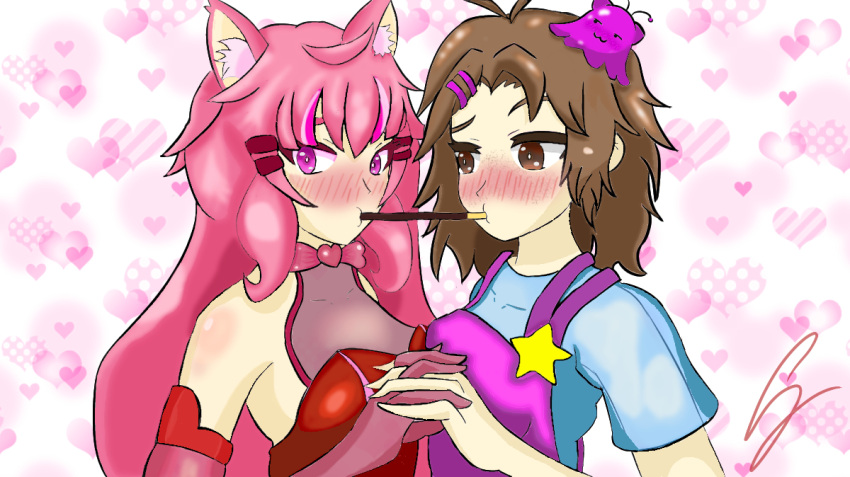 2girls ass brown_eyes brown_hair cat_ears cat_tail catgirl college duo embarrassed feline female indie_virtual_youtuber latam_virtual_youtuber nimu pink_eyes pink_hair smile suwie twitch virtual_youtuber vtuber vtuberfanart white_skin youtube youtube_hispanic youtuber_girl