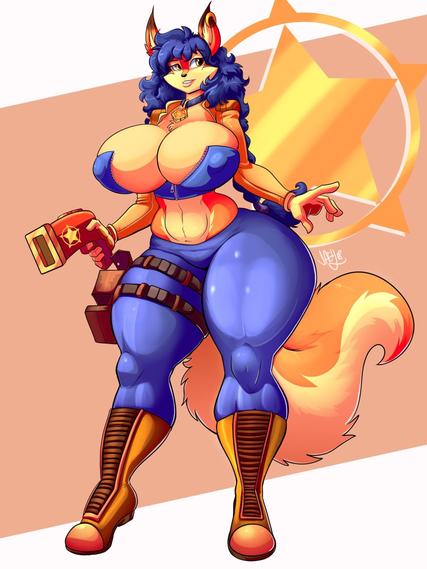 anthro ass big_ass big_breasts big_butt big_thighs blue_hair boots breasts brown_boots bulging_nipples carmelita_fox cleavage female female_focus female_only fox_ears fox_girl fox_tail furry gun huge_breasts huge_thighs jaeh large_breasts latina long_hair midriff nipple_bulge orange_fur police ponytail shock_pistol sly_cooper_(series) solo solo_female sony_corporation sony_interactive_entertainment thick_thighs thighs thunder_thighs voluptuous watermark