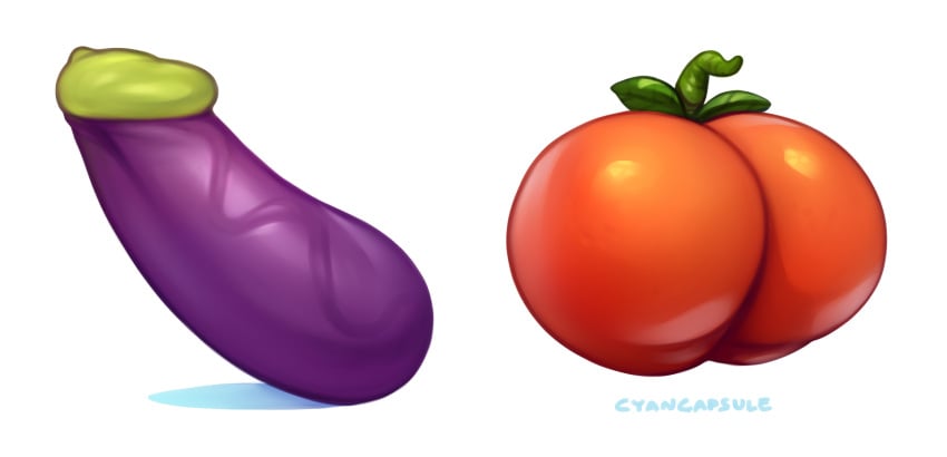 artist_name ass commentary cyancapsule eggplant emoji english_commentary erection highres no_humans object_focus original parody peach_(fruit) penis signature simple_background veins veiny_penis white_background