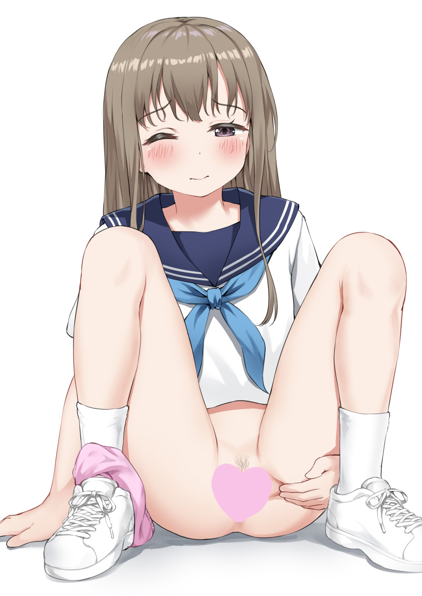 absurdres bad_id bad_pixiv_id bangs blue_neckerchief blush bottomless brown_hair censored closed_mouth eyebrows_visible_through_hair female heart heart_censor highres long_hair neckerchief nedia_(nedia_region) no_pants one_eye_closed original panties panties_around_one_leg purple_eyes pussy sailor_collar school_uniform serafuku shirt shoes simple_background sitting socks solo spread_legs spread_pussy underwear white_background white_legwear white_shirt