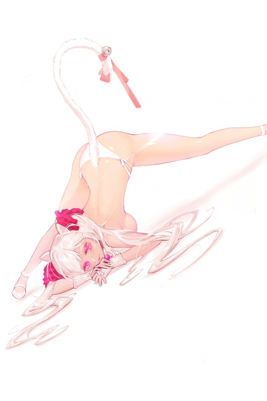 absurdres animal_ears ass bare_back bare_legs bare_shoulders bell breasts cat_ears cat_girl cat_tail destiny_child female gloves highres jack-o'_challenge jingle_bell legs_apart long_hair no_bra panties red_eyes rehut shoes spread_legs sytry_(destiny_child) tail tongue tongue_out twintails underwear white_gloves white_hair white_panties