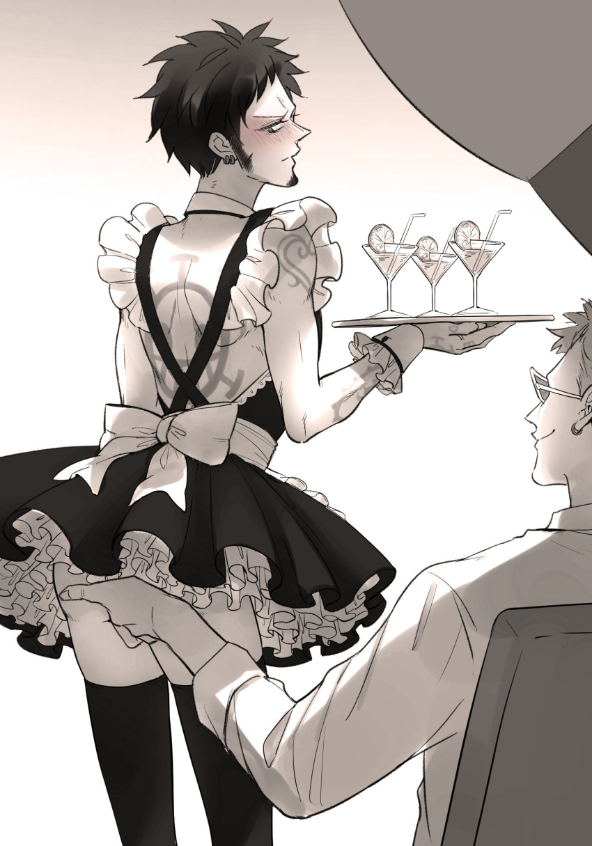 2boys alcohol alternate_costume back_tattoo blush crossdressing donquixote_doflamingo earrings embarrassed facial_hair femboy frills fully_clothed gay goatee groping kizna long_sideburns looking_back maid maid_uniform male male_only molestation monochrome one_piece rape sideburns smile solo sunglasses tattoo thighhighs trafalgar_law tray upskirt waitress wrist_cuffs yaoi