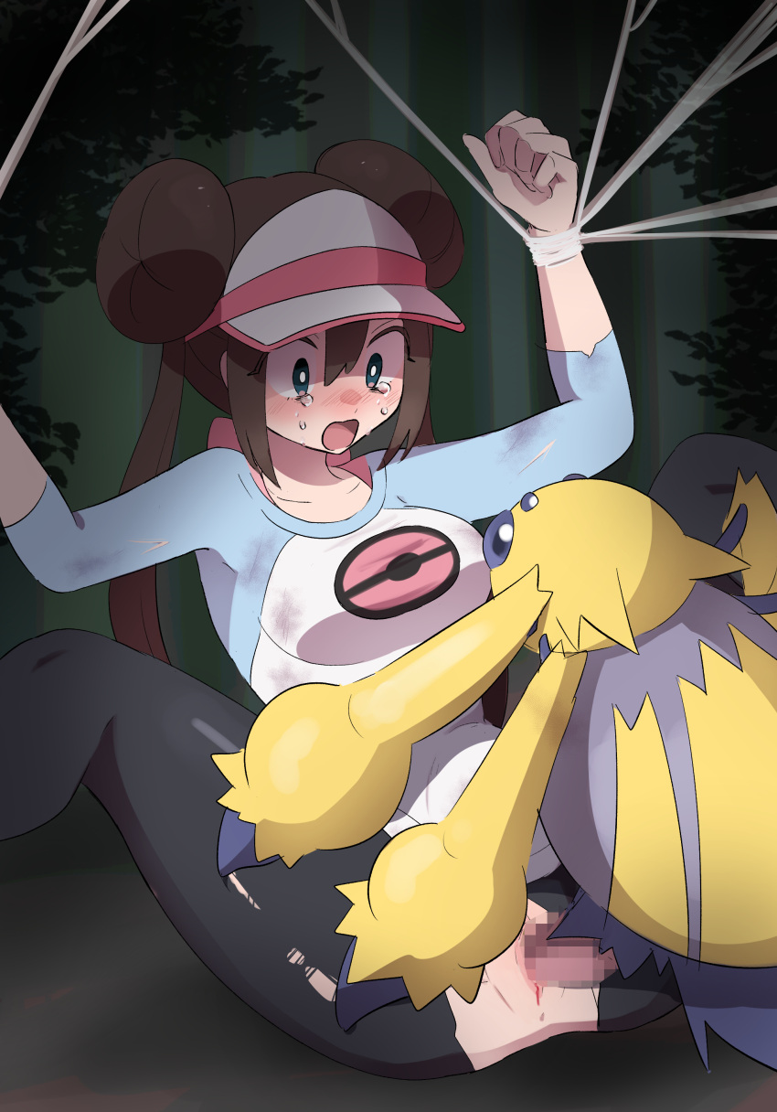 1boy 1girls blood blue_eyes breasts brown_hair censored censored_penis clothed_female clothing crying female_human femsub galvantula hat human light-skinned_female light_skin male/female male_pokemon male_pokemon/female_human maledom momikumo_(artist) nintendo penis pokémon_(species) poképhilia pokemon pokemon_bw pokemon_bw2 pokephilia rape rosa_(pokemon) straight vaginal_penetration webbing