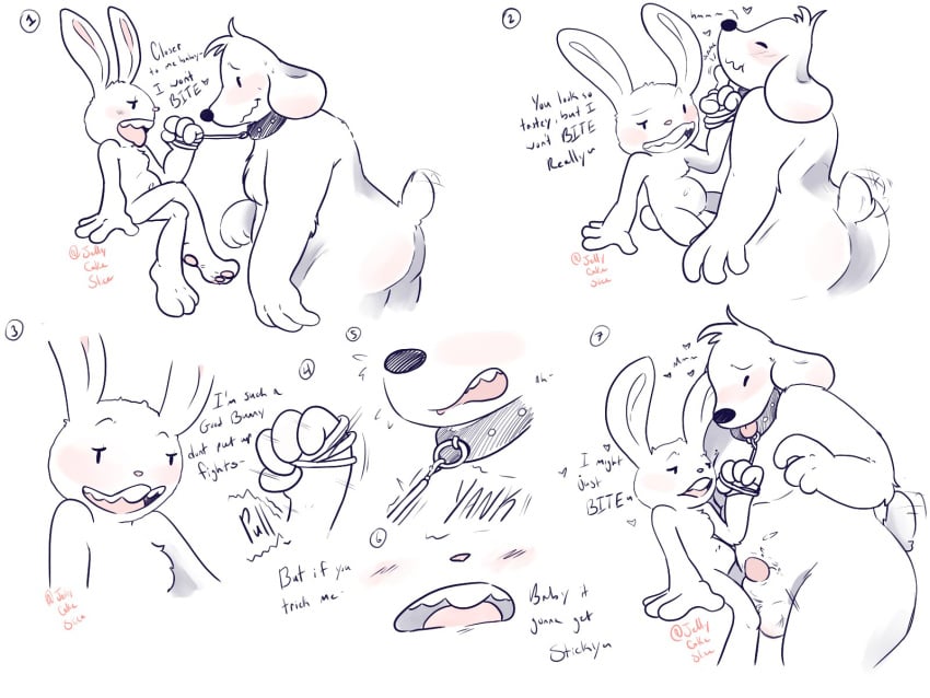 4:3 anthro balls canid canine canis collar dirty_talk domestic_dog duo erection genitals hi_res jellycakeslice lagomorph leash leash_pull male male/male mammal max_(sam_and_max) penis sam_and_max samuel_dog shy small_dom_big_sub tail_motion tailwag