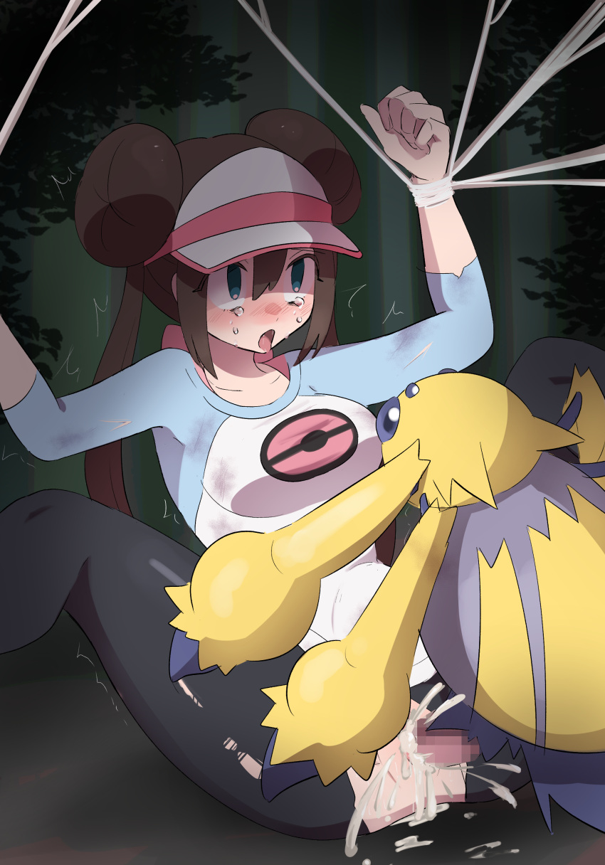 1boy 1girls blue_eyes breasts brown_hair censored censored_penis clothed_female clothing crying cum cum_in_pussy cum_inside female_human femsub galvantula hat human legs_apart light-skinned_female light_skin male/female male_pokemon male_pokemon/female_human maledom momikumo_(artist) nintendo open_mouth penis pokémon_(species) pokemon pokemon_bw2 pokephilia rape rosa_(pokemon) straight vaginal_penetration webbing