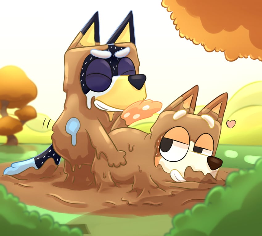 bandit_(bluey) bandit_heeler blue_fur bluey_(series) canine chilli_(bluey) chilli_heeler closed_eyes covered_in_mud cute detailed_background dilf doggy_style furry gripping_thighs heart husband_and_wife looking_at_another looking_back looking_pleasured mature milf mud orange_fur outside polygon5 public teeth vaginal_penetration vaginal_sex what