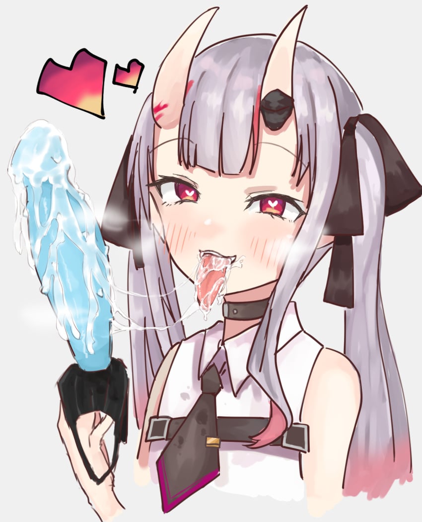 aroused aroused_face bare_shoulders black_ribbon blush collar dildo dildo_under_mask elllikn97 female heart heart-shaped_pupils highres hime_apple hololive hololive_gen_2 hololive_japan horns horny horny_female mask mouth_mask multicolored_hair nakiri_ayame necktie oni oni_horns red_eyes ribbon saliva saliva_trail sex_toy shirt simple_background solo symbol-shaped_pupils tongue tongue_out twintails virtual_youtuber white_shirt