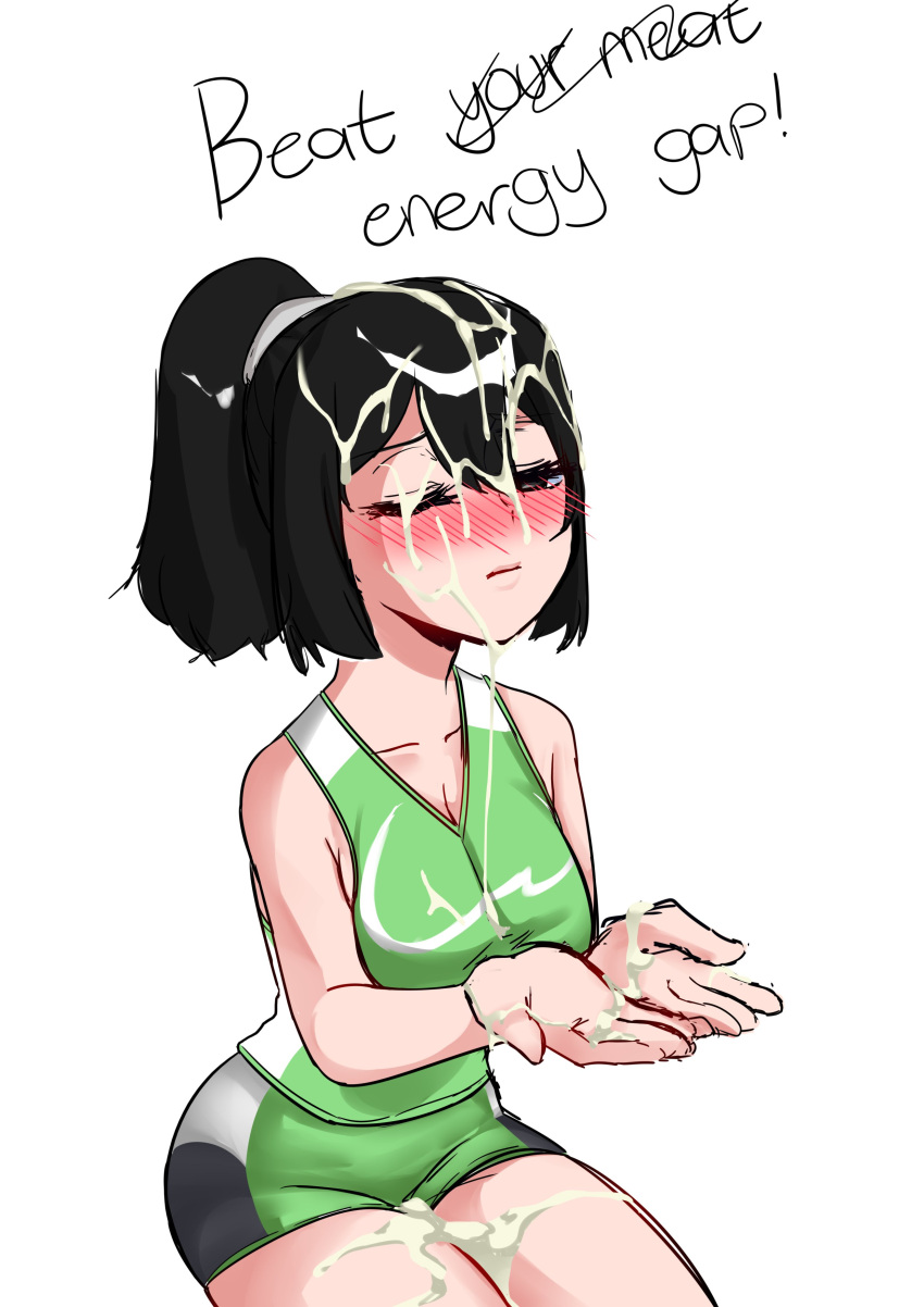 black_hair blush closed_eyes covered_in_cum cum cum_in_hair green_shirt green_shorts milo-chan milo_(drink) mouth_closed nestle ponytail sitting text tomarusan volleyball_uniform