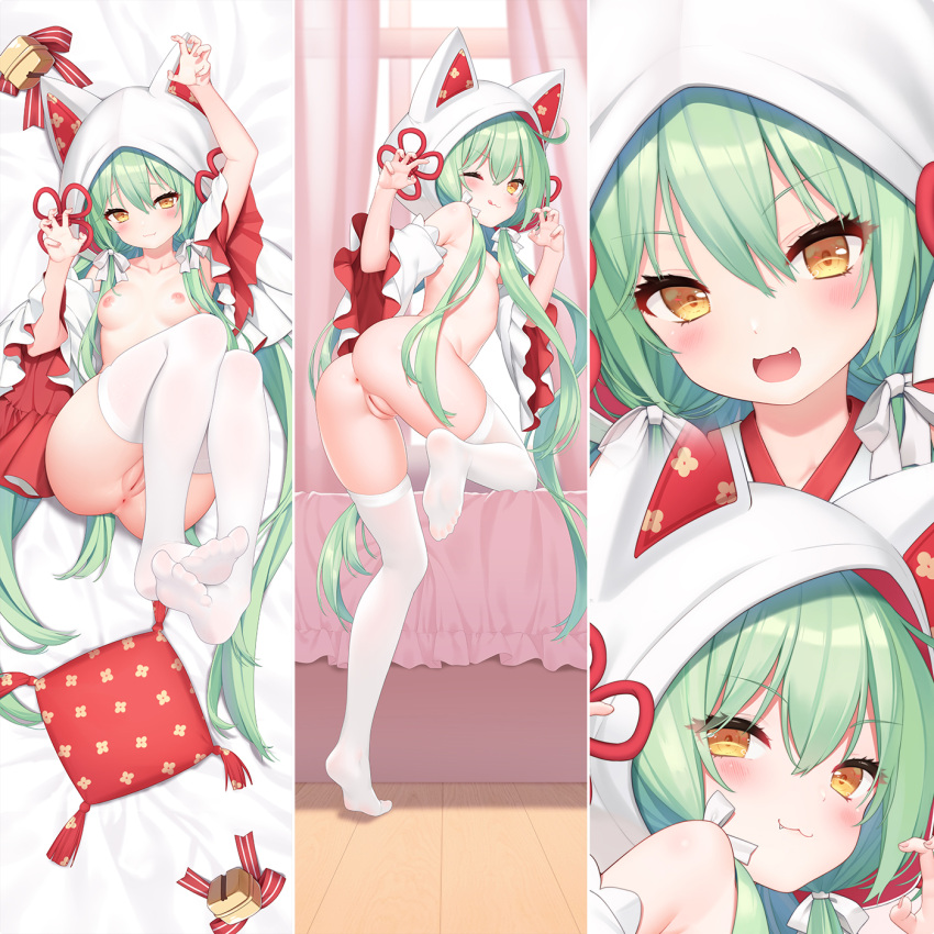 1girls :3 :d ;q akashi_(azur_lane) akashi_(white_cat's_repayment)_(azur_lane) animal_hood anus ass azur_lane bangs bed bed_sheet blush chinese_commentary claw_pose closed_mouth commentary_request dakimakura_(medium) detached_sleeves eyebrows_visible_through_hair eyes_visible_through_hair fang_out feet female from_behind green_hair hair_between_eyes highres hood hood_up indoors light-skinned_female light_skin long_hair looking_at_viewer looking_back lying multiple_views nipples nude oerba_yun_fang official_alternate_costume on_back on_bed one_eye_closed open_mouth pillow pussy sakura_empire_(azur_lane) short_sleeves smile soles thighhighs toes tongue tongue_out uncensored white_legwear wide_sleeves yellow_eyes yutian_alice