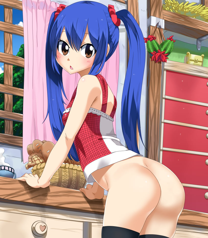 1girls :< arched_back arm_support ass blue_hair blush bottomless brown_eyes cute fairy_tail leaning_forward long_blue_hair long_hair looking_at_viewer open_mouth planeptune presenting_ass small_breasts standing wendy_marvell