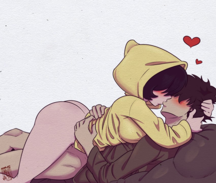 <3 1boy 1boy1girl 1girls ambiguous_penetration black_hair blush brown_hair clothed coat covered_eyes cowgirl_position cute female fingers_through_hair grabbing_hair hands_on_hips hands_on_waist heart hearts holding_hair human kenbr_arts kissing little_nightmares little_nightmares_2 male mono_(little_nightmares_2) outerwear pale_skin pantsless raincoat seven_(little_nightmares) six_(little_nightmares) straight wholesome yellow_raincoat