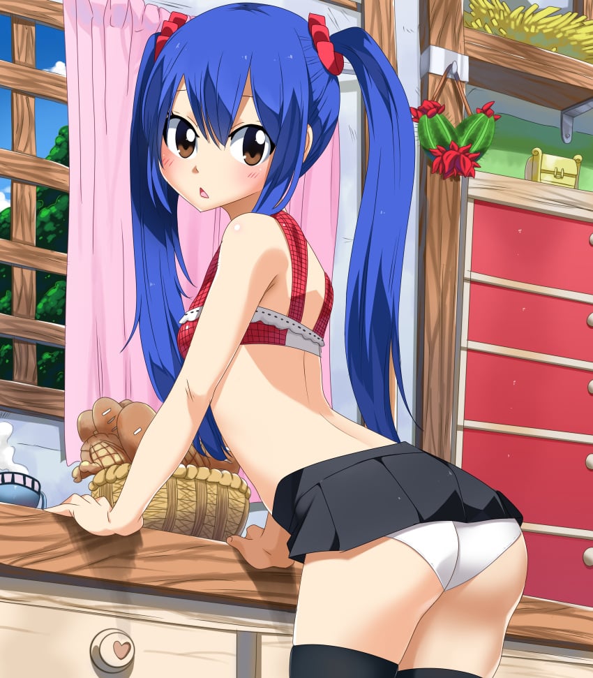 1girls :< arched_back arm_support ass blue_hair blush bottomless brown_eyes cute fairy_tail leaning_forward long_blue_hair long_hair looking_at_viewer open_mouth planeptune presenting_ass small_breasts standing wendy_marvell