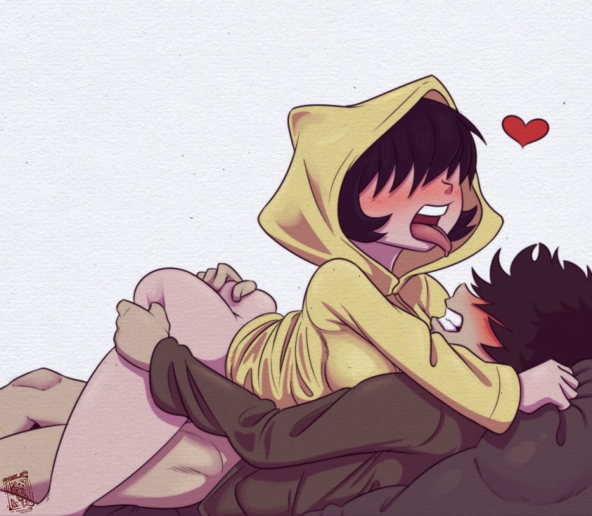 &lt;3 1boy 1boy1girl 1girls ahe_gao ambiguous_penetration ass_grab ass_squeeze black_hair blush brown_hair bubble_butt clothed coat covered_eyes drooling female gritted_teeth heart human kenbr_arts little_nightmares little_nightmares_2 male mono_(little_nightmares_2) outerwear pale_skin pantsless raincoat six_(little_nightmares) straight tongue_out yellow_raincoat