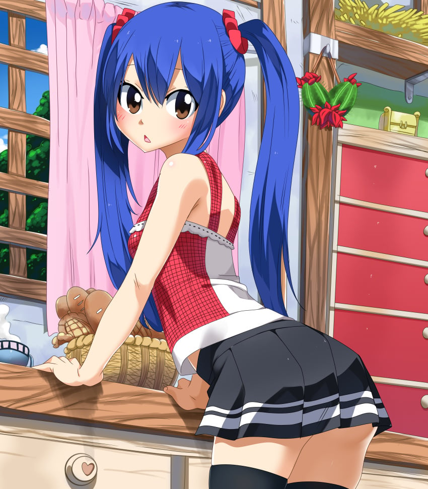 1girls :< arched_back arm_support ass blue_hair blush bottomless brown_eyes cute fairy_tail leaning_forward long_blue_hair long_hair looking_at_viewer open_mouth planeptune presenting_ass small_breasts standing wendy_marvell