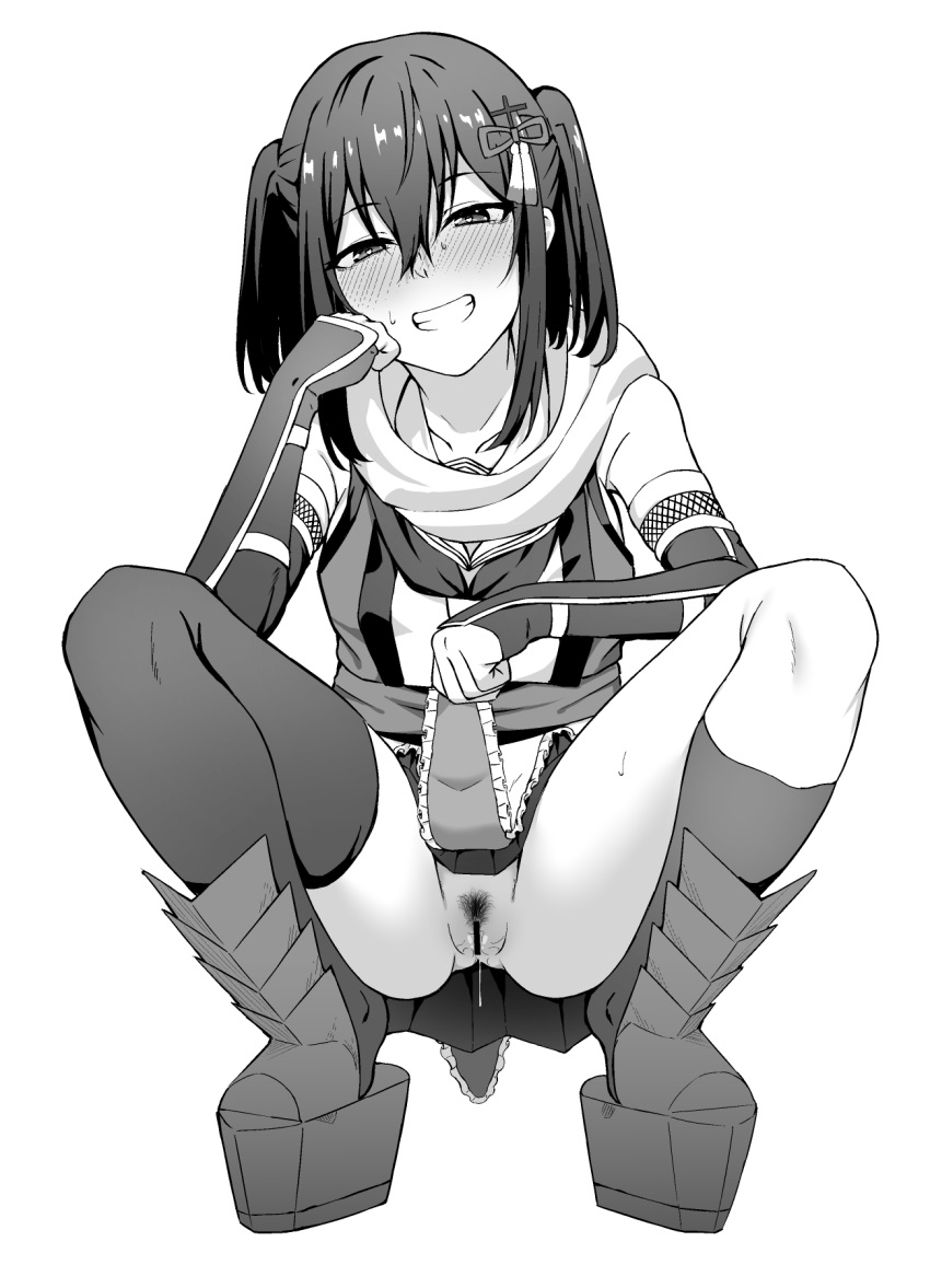 asymmetrical_legwear bar_censor blush censored cheek_rest clothes_lift commentary female female_pubic_hair greyscale grin hair_between_eyes hair_ornament highres kantai_collection kneehighs lifted_by_self looking_at_viewer monochrome no_panties pubic_hair pussy_juice remodel_(kantai_collection) scarf sendai_(kantai_collection) simple_background single_kneehigh single_thighhigh smile solo spread_legs squatting takaman_(gaffe) thighhighs two_side_up uneven_legwear white_background
