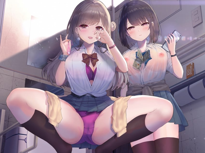 2girls bandouruka between_breasts black_hair black_legwear blonde_hair bow bowtie bra breasts clothes_around_waist condom fellatio_gesture gyaru large_breasts lingerie money money_tuck multiple_girls nipples no_bra open_clothes open_shirt original panties pantyshot purple_bra purple_panties school_uniform see-through shirt shirt_around_waist skirt squatting underwear used_condom