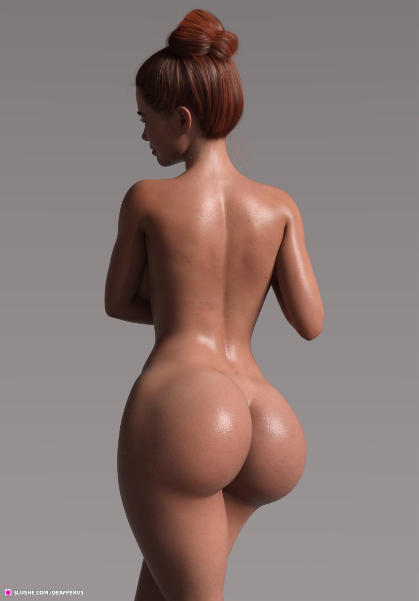 1girls 3d back_view brown_hair deafpervs earrings female female_only large_breasts light_brown_hair nude nude_female pinup sanika_(deafpervs) slushe_(website) solo solo_female wide_hips