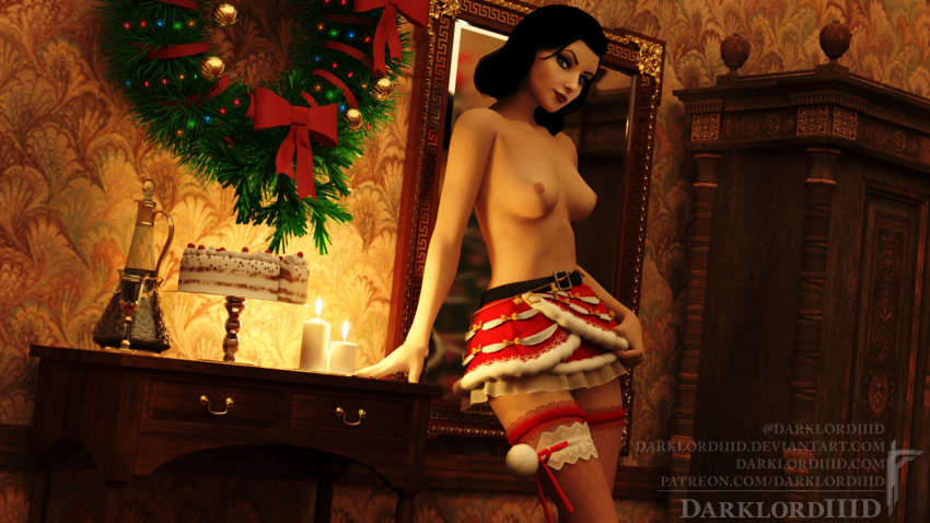 3d athletic athletic_female bioshock bioshock_infinite black_hair blue_eyes breasts burial_at_sea christmas christmas_outfit darklordiiid elizabeth_comstock eyeshadow female female_focus female_only hourglass_figure lipstick long_hair makeup mascara navel noel_aux_fraises nude nude_female nudity pale-skinned_female pale_skin skimpy skimpy_clothes small_breasts solo standing stockings tagme topless undressing wide_hips