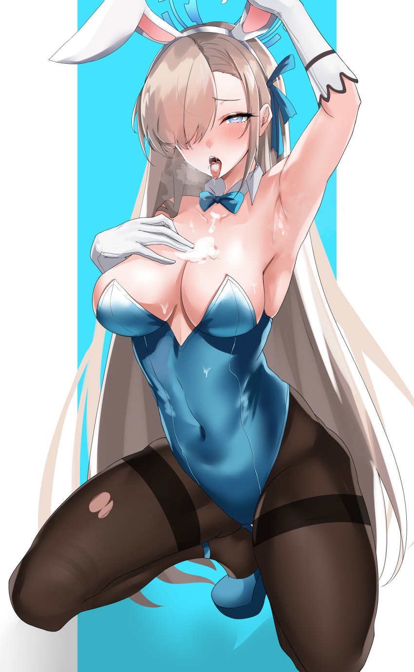 1girls 2021 absurdres after_fellatio after_oral alternate_version_available armpits asuna_(blue_archive) asuna_(bunny)_(blue_archive) black_legwear blue_archive breasts cleavage drooling female female_focus female_only highres kneeling leotard musicatopos open_mouth pantyhose playboy_bunny pulque skindentation solo solo_female suggestive_fluid torn_clothes torn_legwear