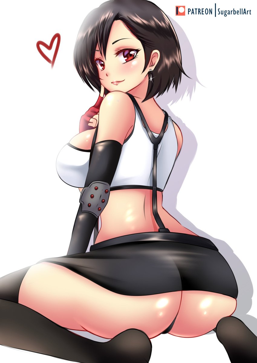 1girls alternate_hairstyle ass black_hair butt clothed clothing earrings female female_only final_fantasy final_fantasy_vii heart no_shoes partially_clothed red_eyes short_hair sideboob solo sugarbell thighhighs tifa_lockhart white_background