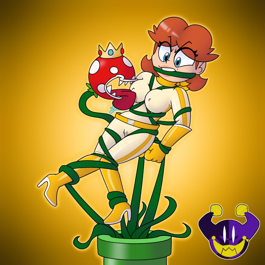 bodysuit bondage demotex female licking mario_(series) mario_kart piranha_plant princess_daisy racing_suit tentacle vine_gag vines