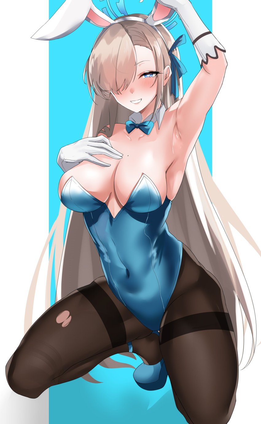 1girls 2021 absurdres alternate_version_available armpits asuna_(blue_archive) asuna_(bunny)_(blue_archive) black_legwear blue_archive breasts bunny_ears bunny_girl bunnysuit cleavage female female_focus female_only highres kneeling leotard mole mole_on_breast musicatopos pantyhose playboy_bunny seductive_smile skindentation smile solo solo_female torn_clothes torn_legwear