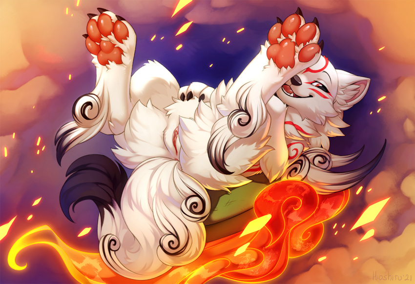 2021 amaterasu ankle_tuft anus bodypaint butt_tuft canid canine canis capcom cheek_tuft claws clitoral_hood clitoris deity dipstick_tail english_text facial_markings facial_tuft female feral fire floating fluffy fluffy_paws fluffy_tail fur genitals hand_on_stomach head_markings hioshiru inner_ear_fluff leg_tuft lying mammal markings neck_tuft okami on_back open_mouth paw_on_stomach pawpads paws presenting pussy quadruped shoulder_tuft smile smoke smug solo tail_markings teeth text tuft weapon white_fur wolf