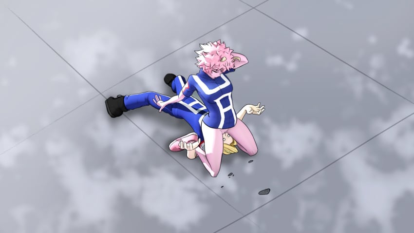 1boy :o aoyama_yuuga arm_support ashido_mina blonde_hair blue_shirt blue_sky blush bottomless closed_eyes colored_skin commentary cunnilingus english_commentary exhibitionism female floor from_above frottage greatm8 hand_on_own_head hands_up highres horns leaning_back lying mina_ashido my_hero_academia o_o on_back oral outdoors pink_hair pink_skin pussy_juice shirt short_hair short_sleeves sitting sitting_on_face sitting_on_person sky stadium straddling straight u.a._gym_uniform yuga_aoyama yuuga_aoyama