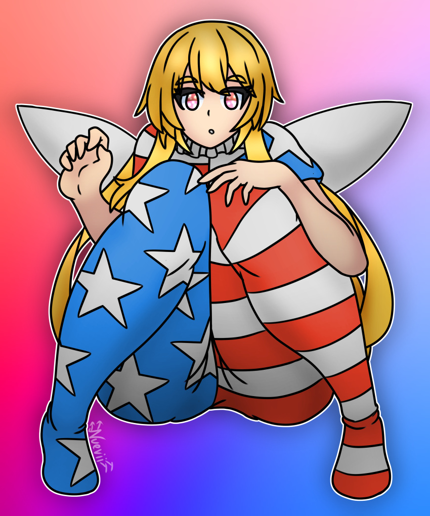 1girls american_flag american_flag_legwear american_flag_shirt blonde_hair blue_background clownpiece fairy_wings gradient_background looking_at_viewer neck_ruff pink_eyes purple_background salmon_background short_sleeves solo squatting surprised touhou very_long_hair