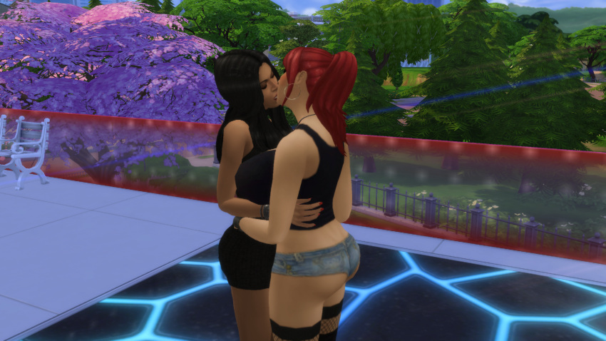 2girls big_ass big_breasts booty_shorts devious_desires deviousdesires female female_only human human_only lesbian lesbian_kiss light-skinned_female light_skin minishorts red_hair sims4 strippers yuri