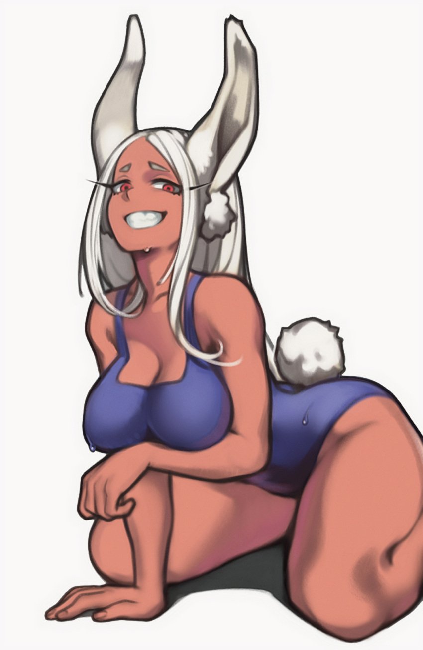 1girls animal_ears blue_swimsuit breast_hold breasts cleavage commentary dark-skinned_female dark_skin english_commentary female female_only full_body fully_clothed highres kneeling large_breasts lentiyay long_eyelashes long_hair looking_at_viewer miruko my_hero_academia one-piece_swimsuit parted_hair rabbit_ears rabbit_girl rabbit_tail red_eyes rumi_usagiyama silver_hair solo swimsuit tail tail_through_clothes thick_thighs thighs wet white_background