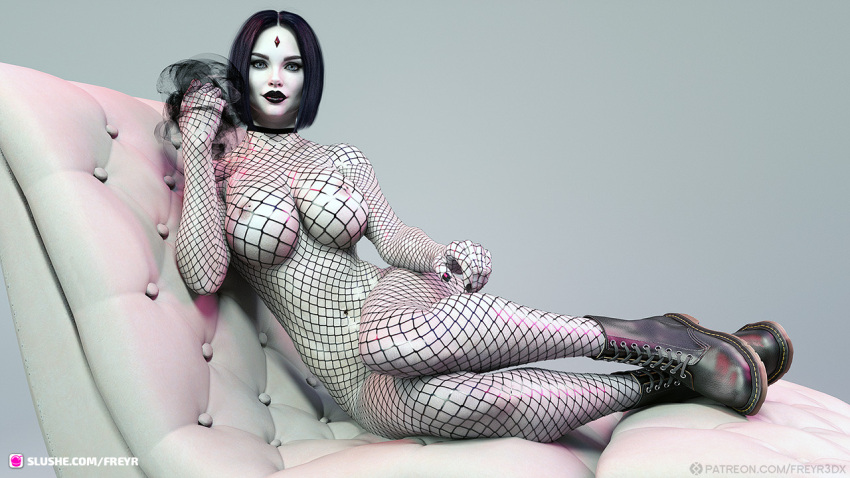 1girls 3d aged_up chair chaise choker dark_magic dc dc_comics fanart female female_only fishnet_bodysuit fishnets freyr functionally_nude goth goth_girl huge_breasts large_breasts lipstick looking_at_viewer magic nipple_piercing nude nude_female on_chair pale-skinned_female pale_skin pinup purple_hair purple_lipstick purple_nail_polish purple_nails rachel_roth raven_(dc) simple_background slushe_(website) solid_color_background solo solo_female superhero superheroine teen_titans white_body white_skin