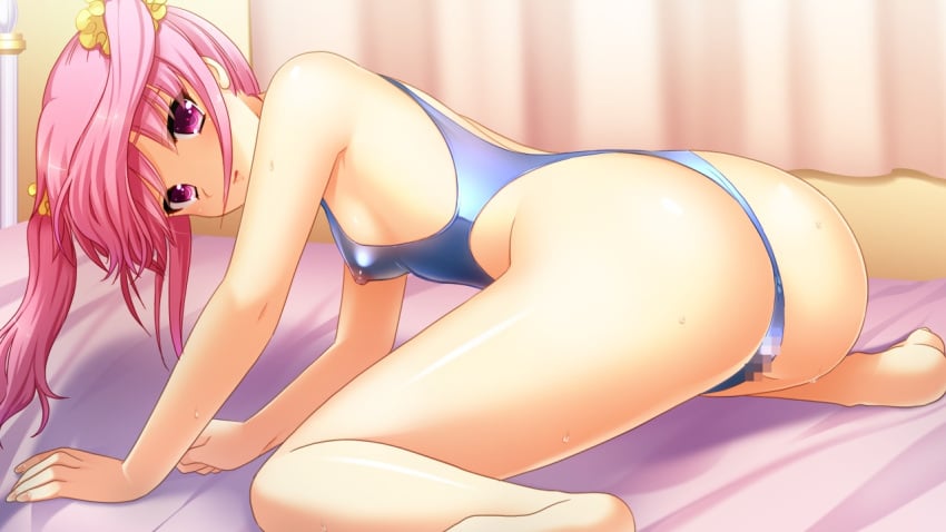 bangs barefoot bed_sheet blue_swimsuit blurry blurry_background censored competition_swimsuit covered_nipples curtains eyebrows_visible_through_hair female game_cg hair_between_eyes hair_ornament hair_scrunchie indoors koizumi_amane long_hair looking_at_viewer miyamae_iroha mosaic_censoring on_bed one-piece_swimsuit pink_eyes pink_hair scrunchie sei_shoujo_~seido_ikusei_gakuen~ solo swimsuit twintails yellow_scrunchie