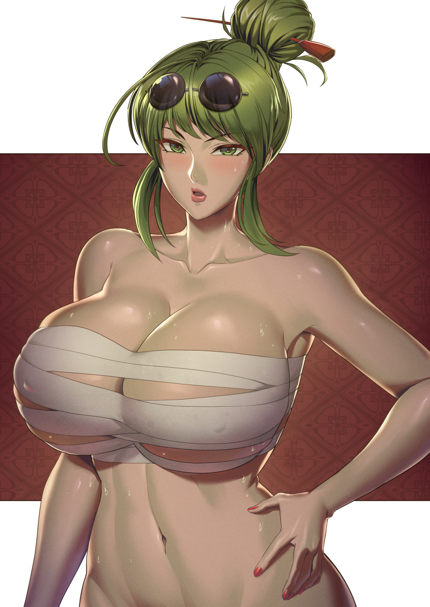 1girls 2021 bandages bandages_around_breasts bare_shoulders belly belly_button big_breasts breasts chest_sarashi collarbone covered_erect_nipples covered_nipples erect_nipples erect_nipples_under_bandages eyebrows eyeglasses eyelashes eyewear eyewear_on_head female female_focus female_only glasses glasses_on_head green_eyes green_hair hand_on_own_waist hand_on_waist hi_res high_resolution highres hourglass_figure huge_breasts kirin_ouji looking_at_viewer nail_polish nails navel no_bra no_panties open_mouth red_nail_polish red_nails sarashi slender slender_waist solo solo_female sunglasses sunglasses_on_head sweat sweatdrop upper_body