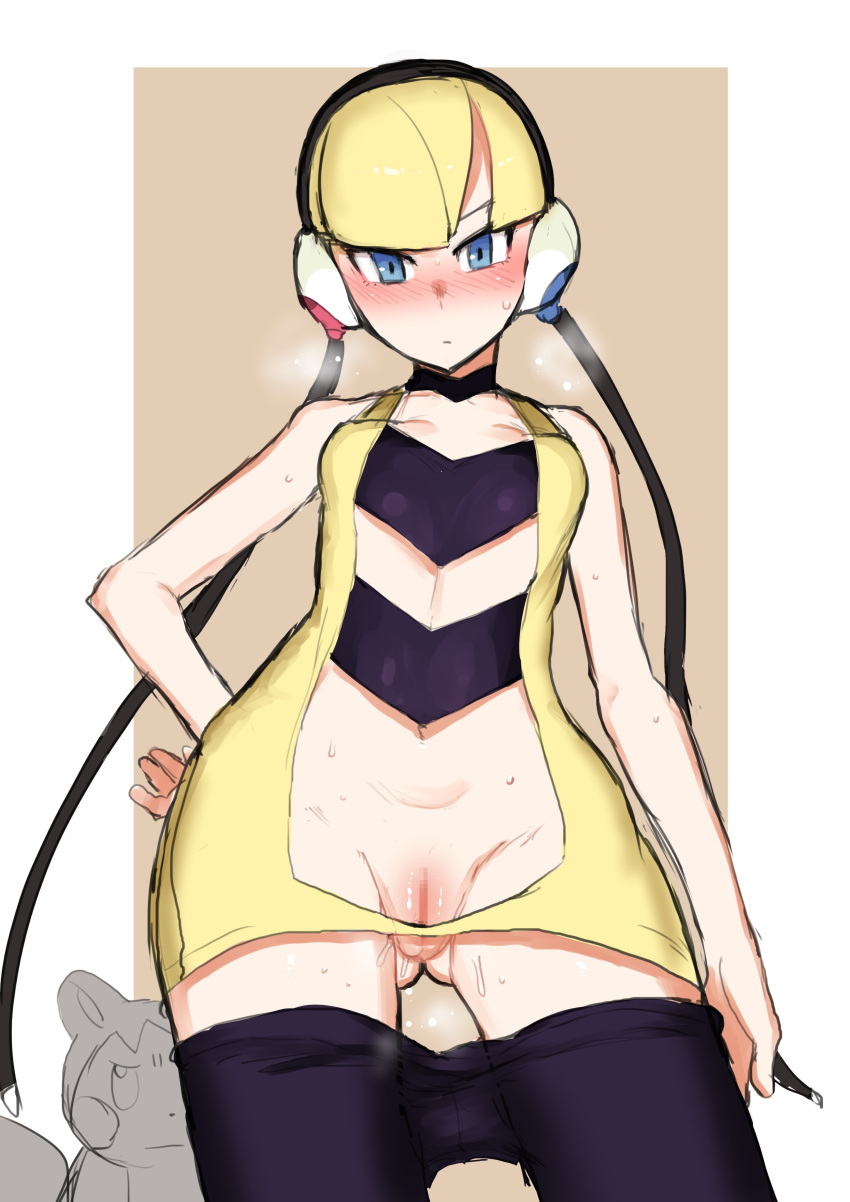 1girls absurdres bangs bare_arms black_choker black_legwear blonde_hair blue_eyes blunt_bangs blush censored choker closed_mouth clothes_pull collarbone commentary elesa_(pokemon) emolga_(pokémon) female from_below hand_on_hip headphones highres ichigai_(hayawossan) looking_at_viewer mosaic_censoring navel pantyhose pantyhose_pull pokémon_(species) pokemon pokemon_(game) pokemon_bw pussy pussy_juice short_hair sleeveless solo sweat