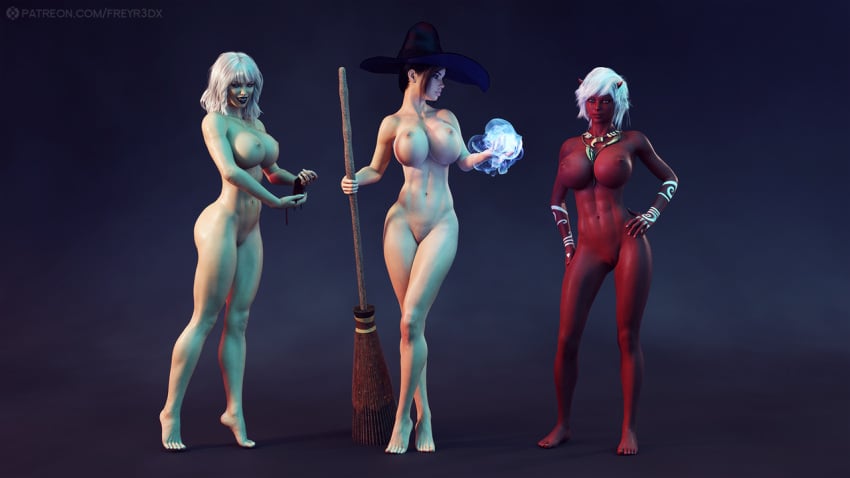 3d 3girls abs black_hair blonde_hair demon demon_girl freya_(freyr) freyr gray_hair grey_hair grin halloween horns huge_breasts magic markings medium_hair necklace nude nude_female pinup red_body red_skin short_hair slushe_(website) smile white_hair white_markings wide_hips witch witch_broom witch_hat