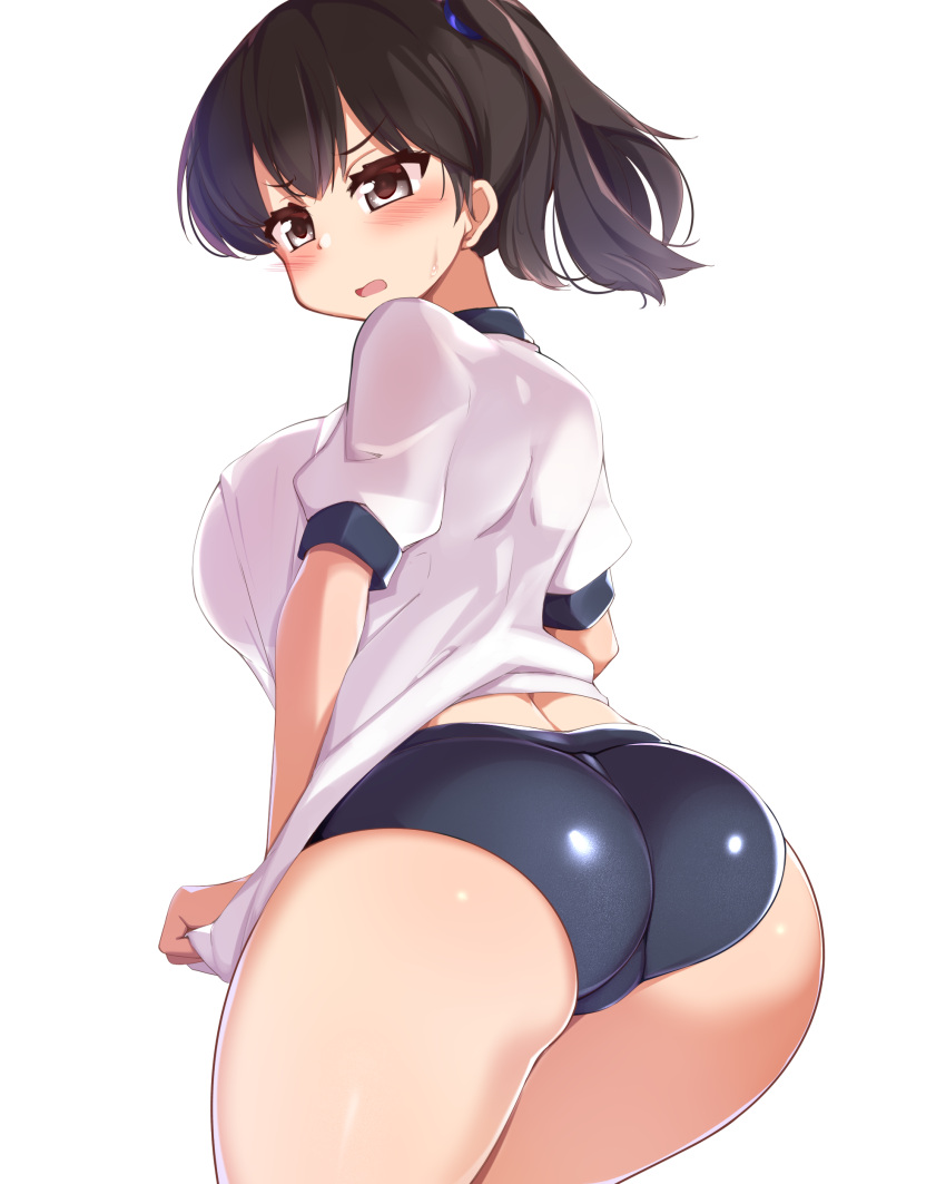 ass_focus big_ass big_breasts bloomers blush brown_eyes brown_hair bubble_butt buruma female female_only gym_uniform huge_ass kaga_(kantai_collection) kantai_collection kurokoshou_(emuburemu123) looking_at_viewer looking_back ponytail rear_view shirt_pull short_sleeves side_ponytail solo sweatdrop thick_thighs wide_hips