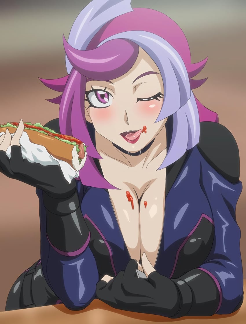 1girls big_breasts blush bodysuit breasts busty cleavage eating emma_bessho female female_focus female_only fingerless_gloves food gloves highres hot_dog ketchup large_breasts licking_lips lipstick looking_at_viewer makeup makino_tomoyasu naughty_face one_eye_closed pink_eyes pink_lipstick purple_hair short_hair smile solo teasing tongue tongue_out unzipping voluptuous wink yu-gi-oh!