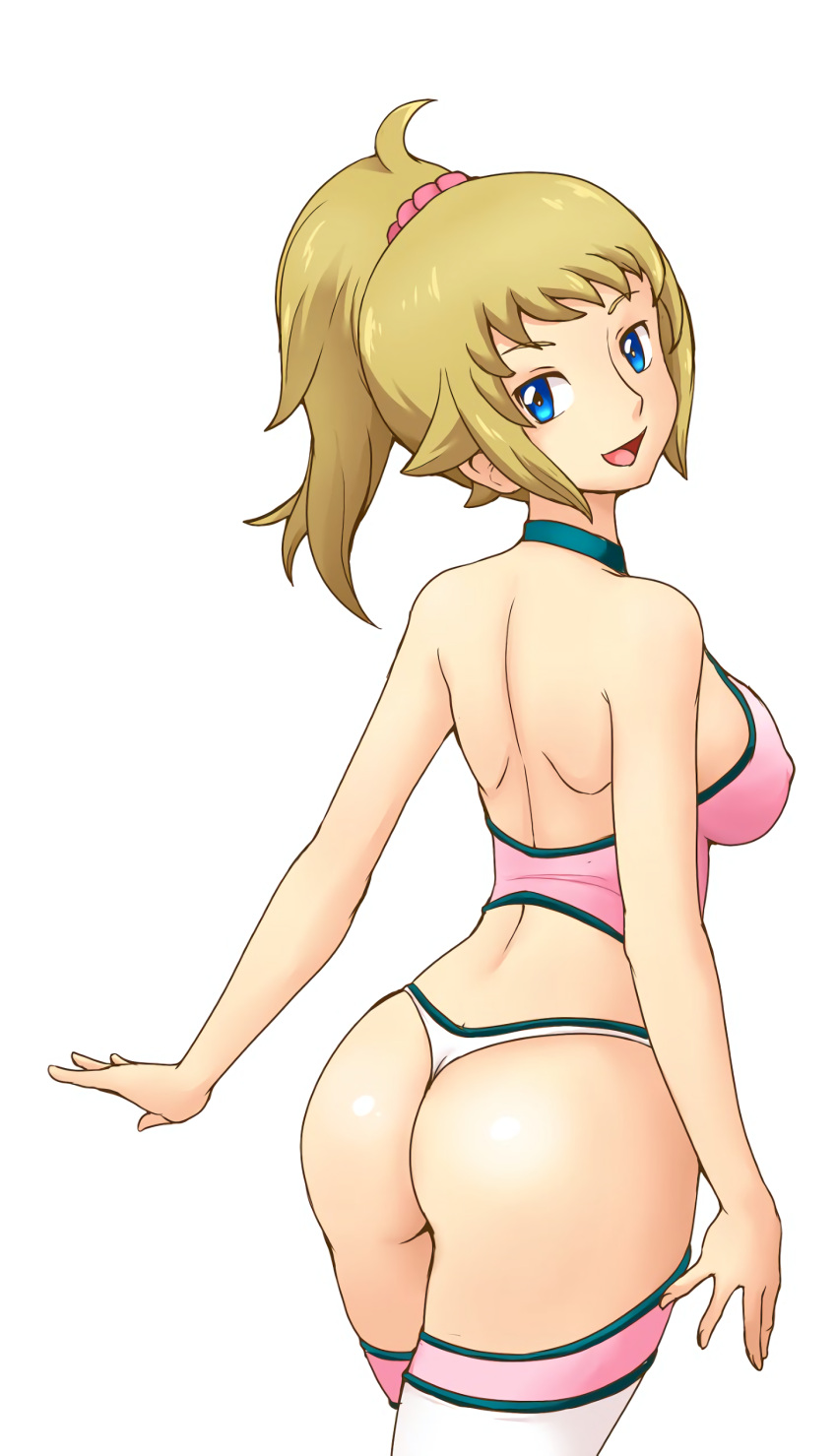 1girls ass back big_ass blue_eyes breasts brown_hair bubble_butt dat_ass gundam gundam_build_fighters gundam_build_fighters_try highres hoshino_fumina large_breasts looking_at_viewer looking_back open_mouth ponytail sideboob smile solo standing thighhighs thighs thong tof voluptuous