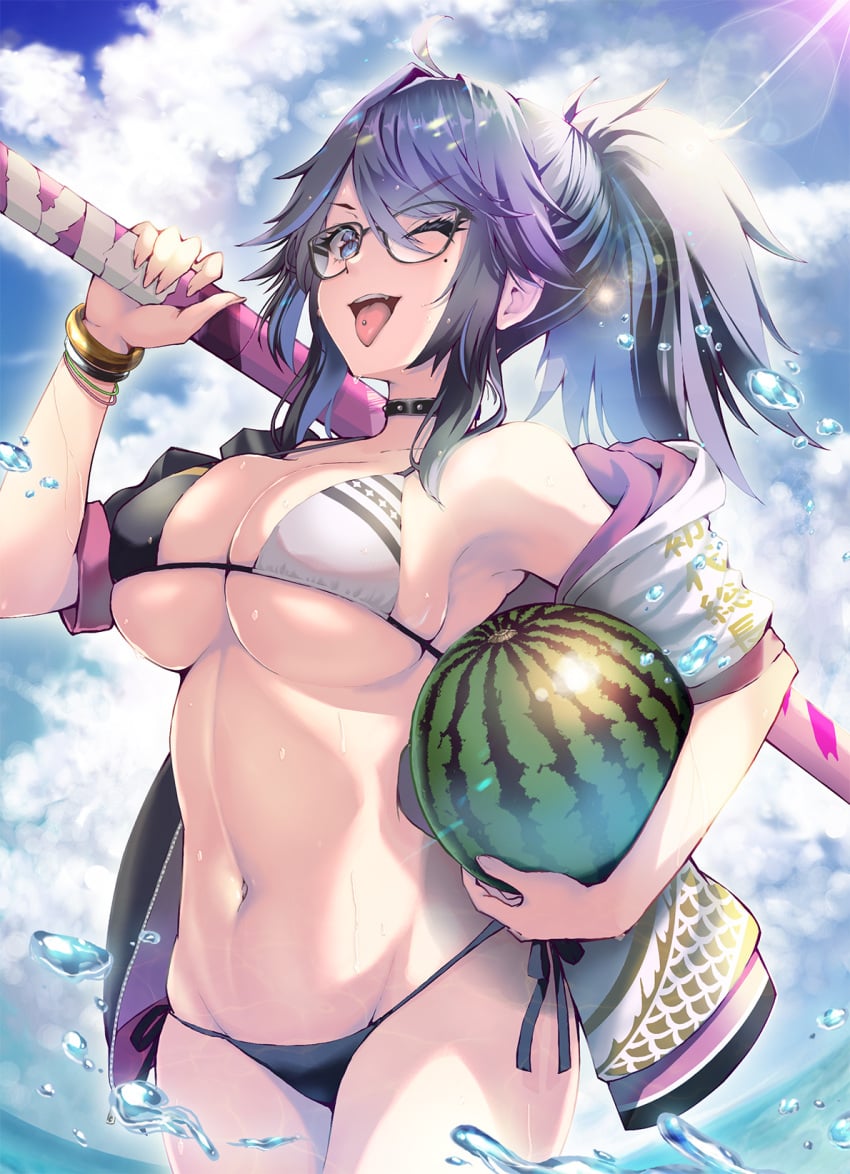 1girls big_breasts bikini blue_eyes breasts glasses indie_virtual_youtuber kson_onair kubota_masaki ponytail purple_hair virtual_youtuber vshojo youtube youtuber