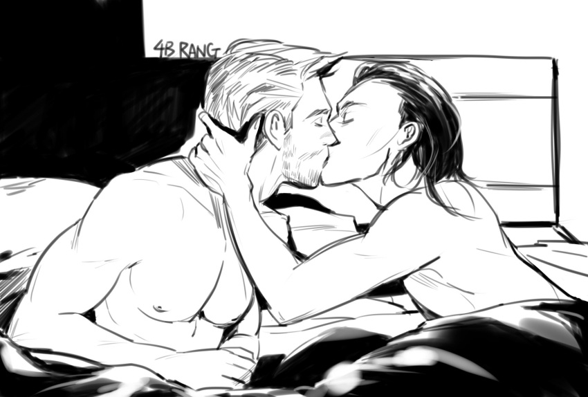 2boys 4b_rang bare_chest facial_hair gay human human_only in_bed incest kissing light-skinned_male light_skin loki_(marvel) long_hair_male male_only marvel marvel_cinematic_universe monochrome thor_(marvel) thor_(series) yaoi