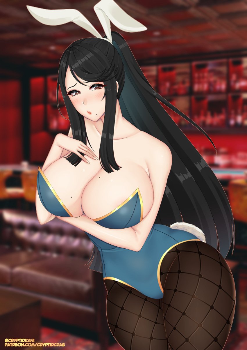 1girls alternate_costume beauty_mark black_hair breasts bunny_ears bunny_girl bunnysuit cleavage cryptid_crab female_only fire_emblem fire_emblem_fates fishnets hand_on_own_chest huge_breasts indoors long_hair mikoto_(fire_emblem) mole mole_on_breast mole_under_mouth nintendo ponytail solo very_long_hair wide_hips