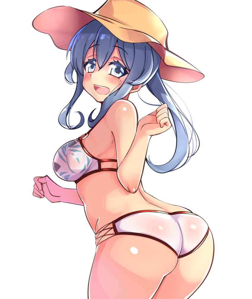 ass_focus big_ass bikini blue_hair blush dat_ass female female_only gotland_(kantai_collection) kantai_collection kurokoshou_(emuburemu123) looking_at_viewer looking_back mole_under_eye open_mouth ponytail solo sun_hat swimsuit wide_hips