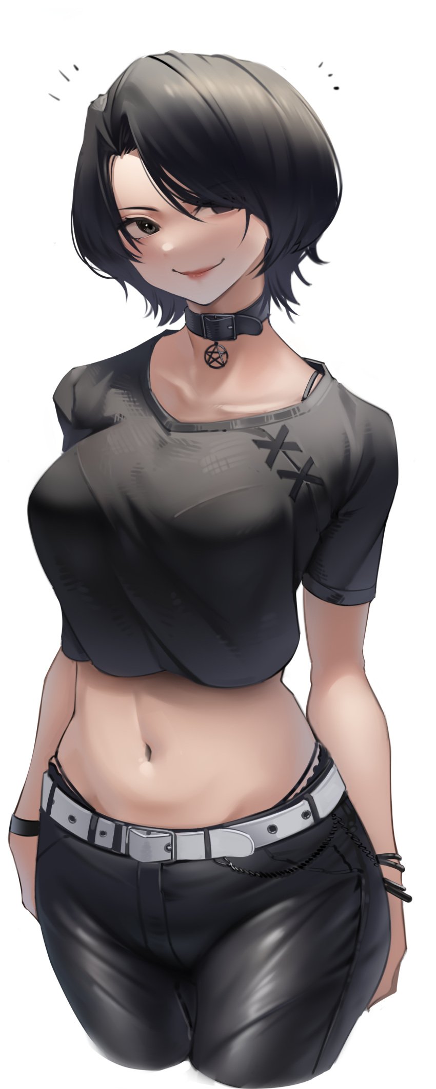 1girls arms_behind_back bangs belt big_breasts black_hair black_panties black_pants black_shirt bra_strap bracelet bralines breasts busty collar collarbone commentary crop_top cropped_legs cute doomer_girl female female_only hair_over_one_eye harris_hero highleg highleg_panties highres jewelry large_breasts leather leather_pants lipstick looking_at_viewer makeup meme midriff navel original panties pants panty_peek pentagram_necklace shiny shiny_clothes shirt short_hair short_sleeves simple_background slight_blush smile smiling_at_viewer solid_color_background solo standing star_(symbol) swept_bangs t-shirt tight underwear white_background wojak_comics