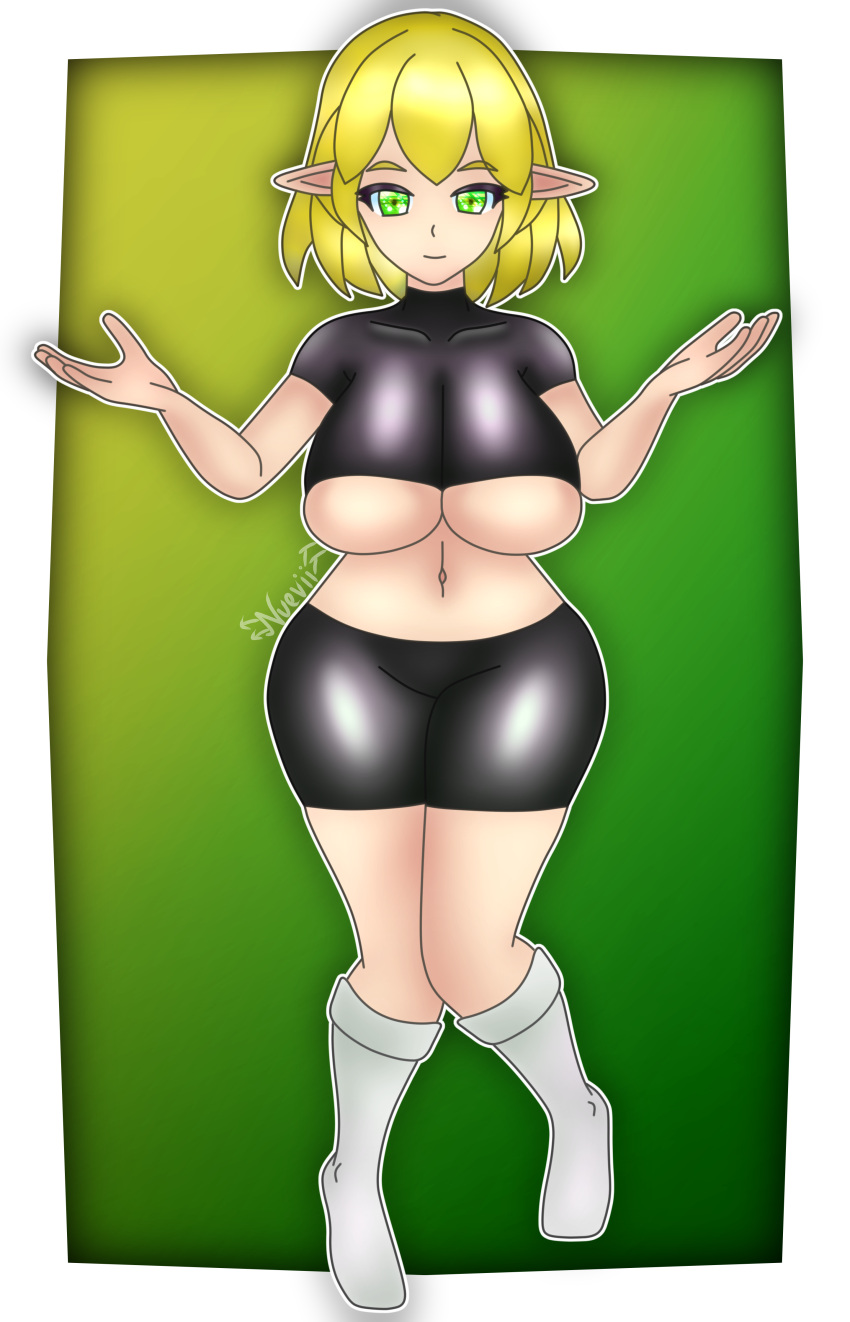 1girls blonde_hair gradient_background green_background green_eyes latex latex_shorts latex_top looking_at_viewer medium_hair mizuhashi_parsee open_arms open_hands pointy_ears shiny_clothes smile socks solo stomach thighs touhou underboob white_legwear yellow_background