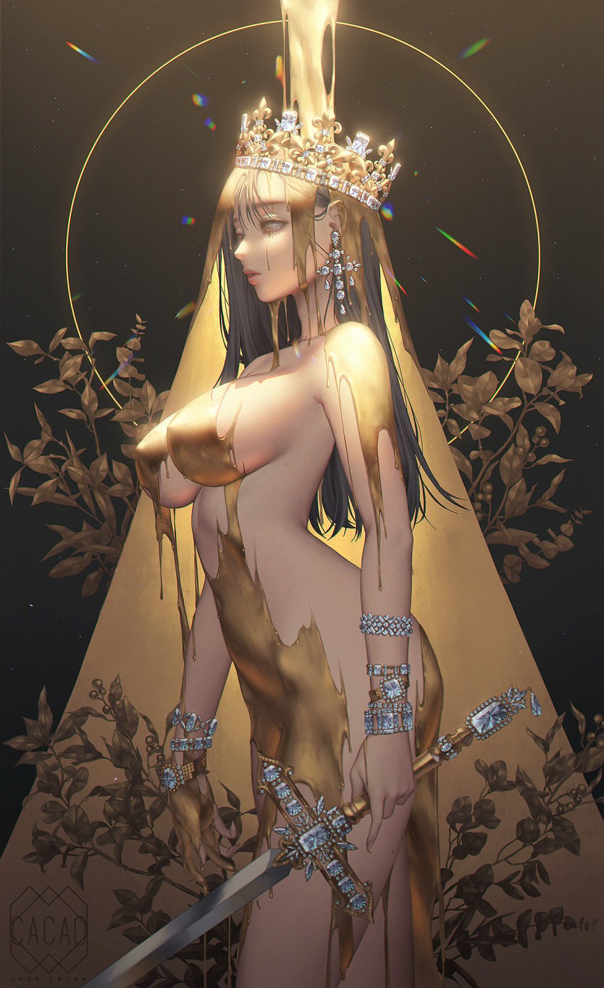 1girls abstract_background crown gold_(metal) large_breasts liquid_metal long_hair love_cacao nude pouring solo standing sword wet