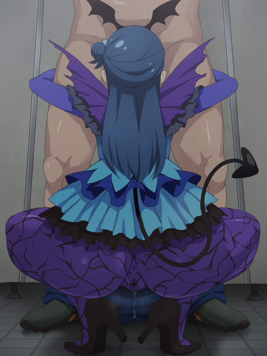 1boy :d absurdres ass ass_focus bangs bare_shoulders cameltoe clothing elbow_gloves faceless_male fellatio female gloves hair_bun high_heels highres hugtto!_precure implied_fellatio official_alternate_costume open_mouth oral pantyhose precure pretty_cure purple_legwear pussy_juice pussy_juice_drip_through_clothes skirt smile solo_focus squatting straight tedain view_between_legs yakushiji_saaya