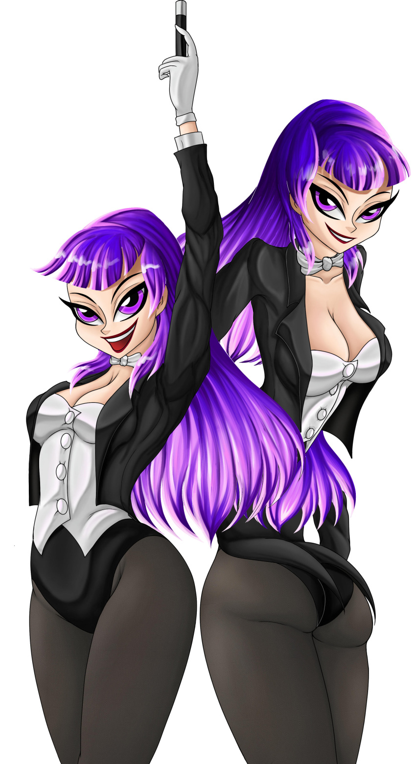 1girls big_ass big_breasts cleavage dc dc_comics dc_super_hero_girls female female_only fishnet_stockings fishnets huge_ass huge_breasts looking_at_viewer low-angle_view multiple_views purple_eyes purple_hair r0ckystar solo straight_hair zatanna zee_zatara